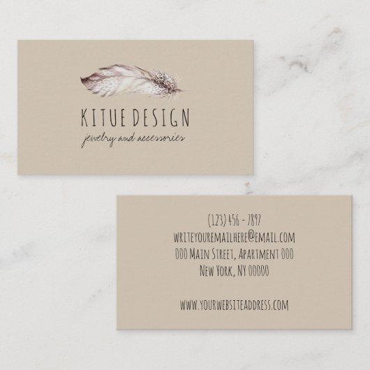 Carte De Visite Feather Boho Girinine Beige Grey (Devant / Derrière)