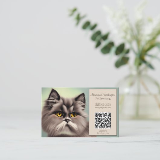 Carte De Visite Feline élégante avec code QR (Debout devant)