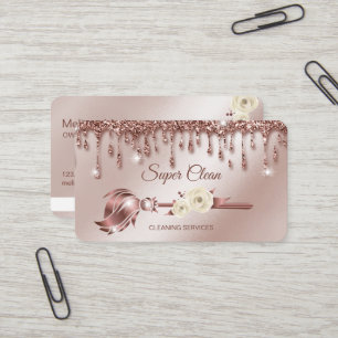 Carte De Visite Femme de ménage nettoyant la maison rose doré bril
