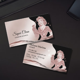 Carte De Visite Femme de ménage nettoyant une maison rose gold éti