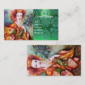 Carte De Visite FEMME ROMANTIQUE AVEC PEACOCK FEACOCK Green Damask (Devant / Derrière)