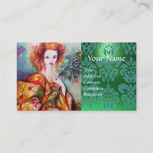 Carte De Visite FEMME ROMANTIQUE AVEC PEACOCK FEACOCK Green Damask (Devant)
