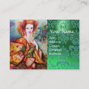 Carte De Visite FEMME ROMANTIQUE AVEC PEACOCK FEACOCK Green Damask