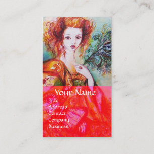 Carte De Visite FEMME ROMANTIQUE AVEC PLUME DE PAON ÉCLATANTE Roug