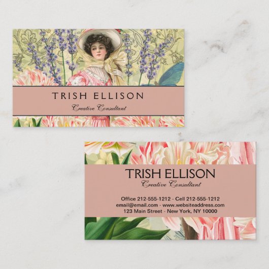 Carte De Visite Femme victorienne à fleurs roses Régence (Devant / Derrière)