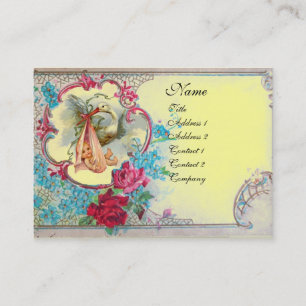CARTE DE VISITE FETE DE BÉBÉ FLORALE À LA CIGOGNE AVEC MONOGRAMME 