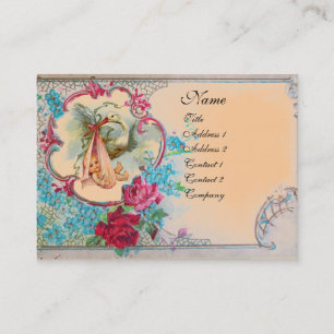 Carte De Visite Fête de naissance de bébé FLORAL STORK avec monogr