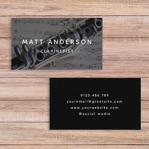Carte De Visite Feuille de musique Clarinet noir et blanc Moderne