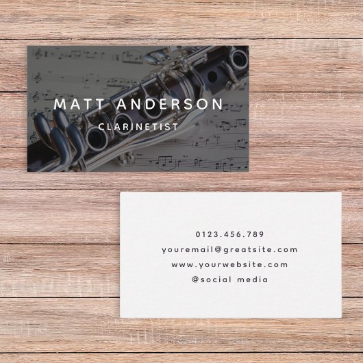 Carte De Visite Feuille de musique Clarinet noir et blanc Moderne