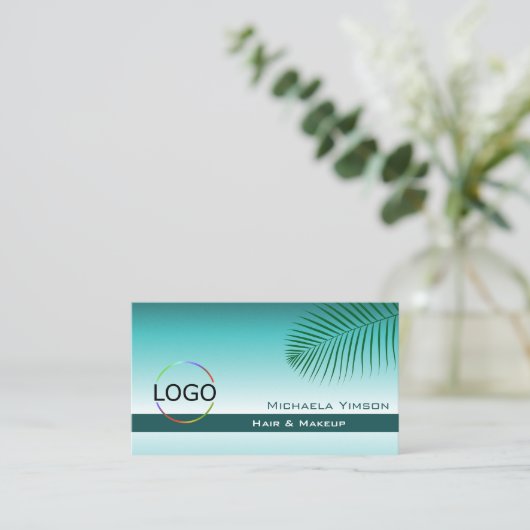 Carte De Visite Feuille de palme Turquoise Gradient avec logo mode (Debout devant)