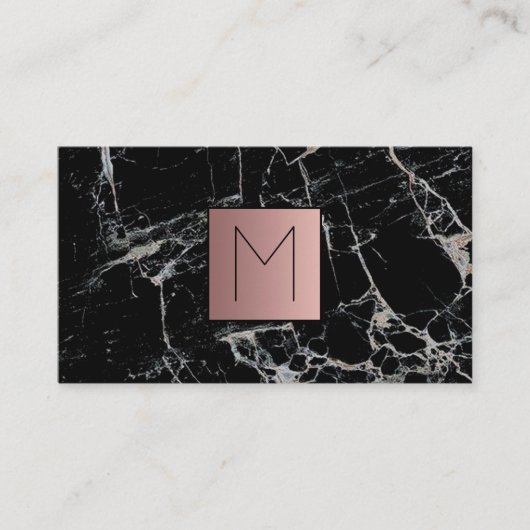 Carte De Visite feuille d'or rose monogramme sur marbre noir (Devant)