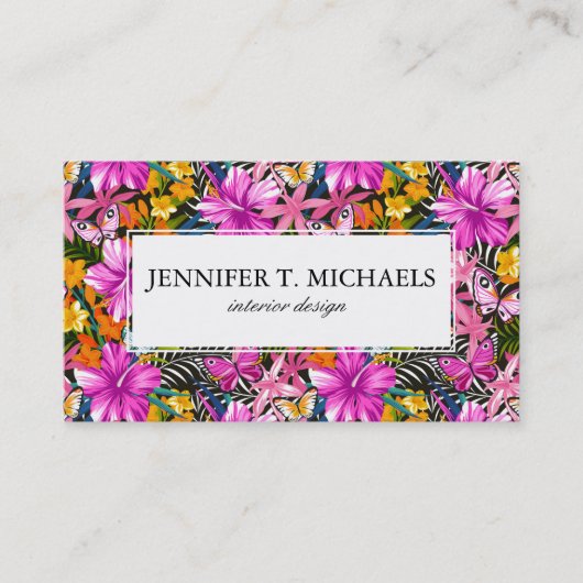 Carte De Visite Feuille et fleurs tropicaux (Devant)