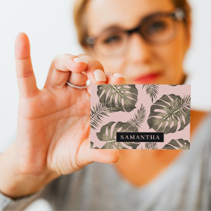 Carte De Visite Feuille Tropical Pink & Gold Palm Motif et nom