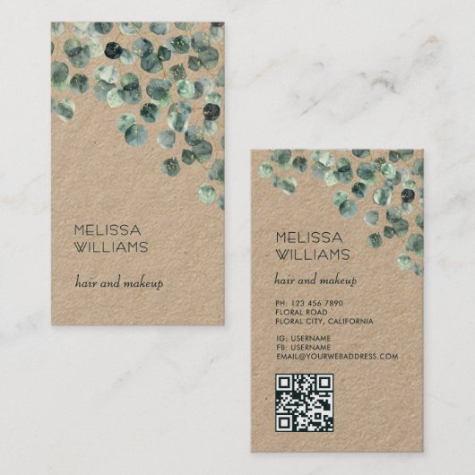 Carte De Visite Feuilles d'eucalyptus aquarelle | Code Qr Rustique (Devant / Derrière)