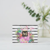 Carte De Visite feuilles floraux tropicaux et rayures de flamants  (Debout devant)