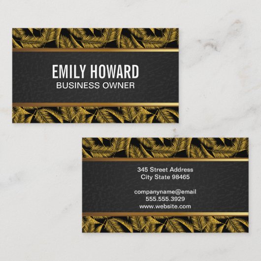 Carte De Visite Feuilles Gold Palm | Découpe en cuir noir (Devant / Derrière)