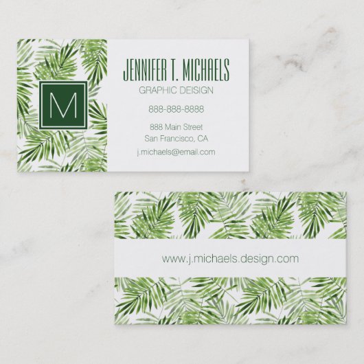 Carte De Visite Feuilles Green Palm| Monogramme (Devant / Derrière)
