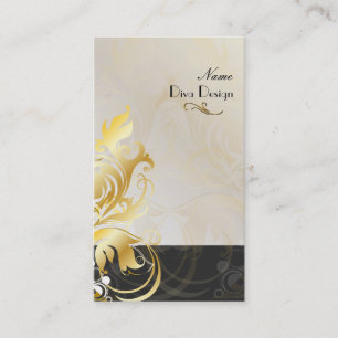 Carte De Visite feuilles ornementaux/tourbillons noir/or