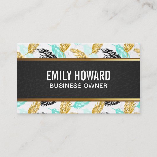 Carte De Visite Feuilles Palm | Naturel | Découpe en cuir noir (Devant)