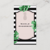 Carte De Visite Feuilles tropicaux & ananas Élégant moderne rayé (Devant)