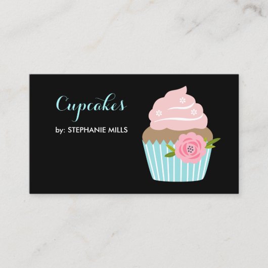Carte De Visite Fille Boulangerie Cute Cupcake Bleu Avec Fleur Ros (Devant)