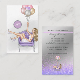 Carte De Visite Fille du Balloon de Monogramme argent et violet
