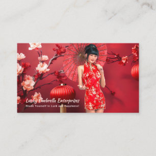 Carte De Visite Fille du Nouvel An chinois avec un parapluie rouge