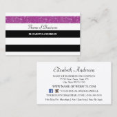 Carte De Visite Fille Noir et Blanc rayures Purple FAUX Glitz (Devant / Derrière)