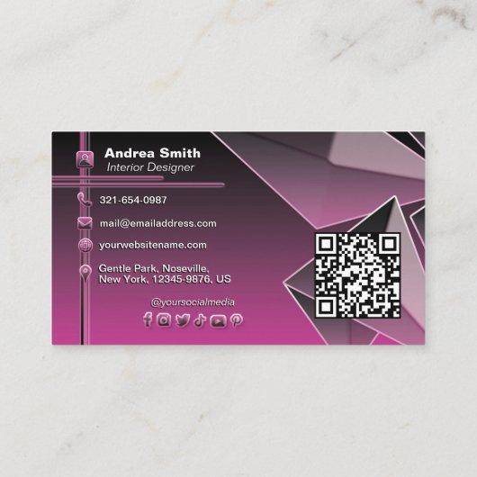Carte De Visite Fille Noir Rose QR Code Gradient Moderne Chic 3D (Dos)