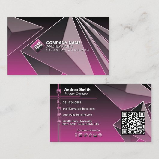 Carte De Visite Fille Noir Rose QR Code Gradient Moderne Chic 3D (Devant / Derrière)