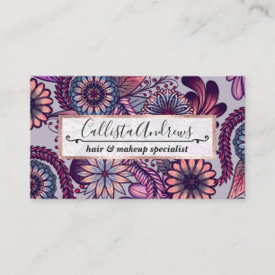 Carte De Visite Fille violet rose corail bleu peint Flore Drawin