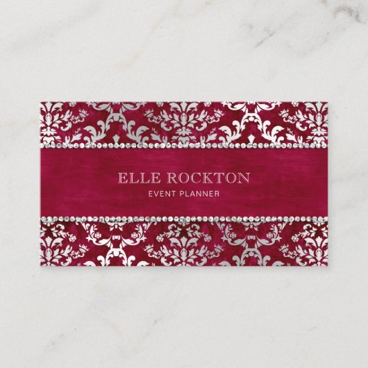 Carte De Visite Fils écarlates Rouge Glimmer Damask Argent Love (Devant)