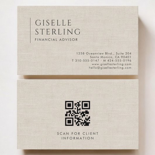 Carte De Visite Financial Advisor Luxury Neutral Linen QR Code