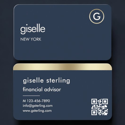 Carte De Visite Financial Advisor Navy Blue Gold QR Code