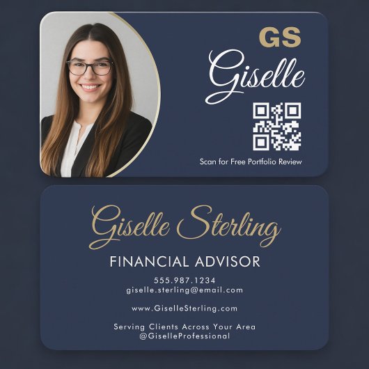 Carte De Visite Financial Agent Photo QR Code Navy Blue Gold