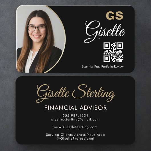 Carte De Visite Financial Agent QR Code Photo Black Gold
