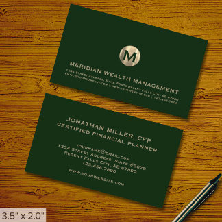 Carte de visite financier Dark Green Gold Monogram