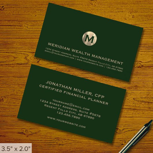 Carte de visite financier Dark Green Gold Monogram