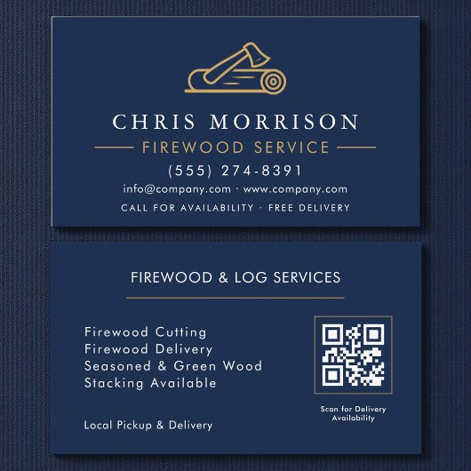 Carte De Visite Firewood Supply Service Navy Blue Gold QR Code