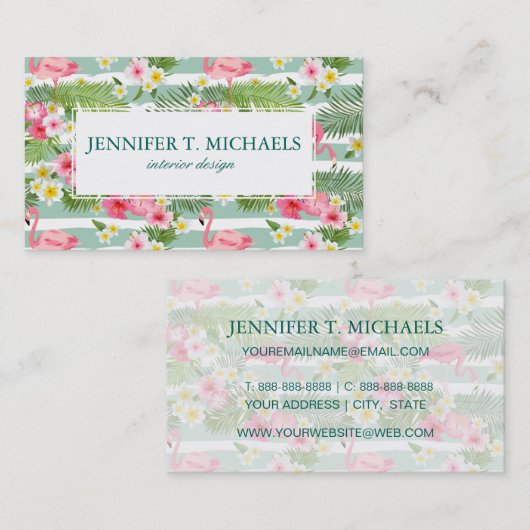 Carte De Visite Flamants roses Et Grèves| Monogramme (Devant / Derrière)
