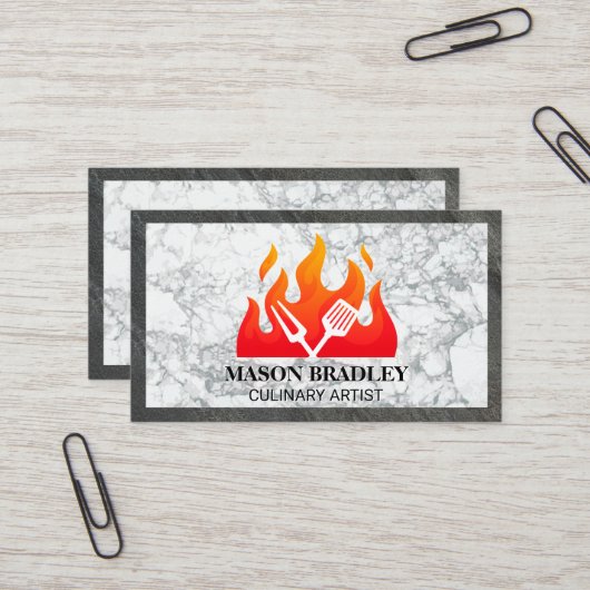 Carte De Visite Flamme | Outils de cuisine | Marbre et ardoise (Devant/Arrière en situation)