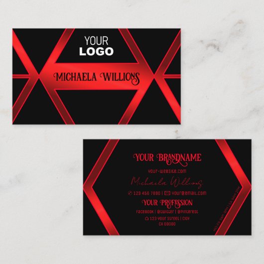 Carte De Visite Flashy noir géométrique brillant rouge avec Cool d (Devant / Derrière)