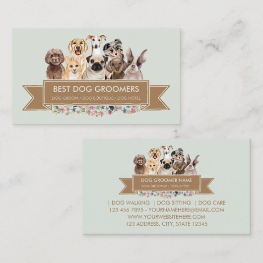 Carte De Visite Flèche de fleurs vertes Chiens d'animaux de compag (Devant / Derrière)