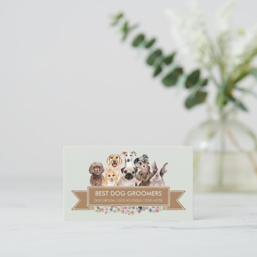 Carte De Visite Flèche de fleurs vertes Chiens d'animaux de compag (Debout devant)