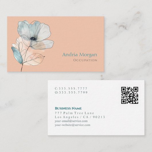 Carte De Visite Fleur Aquarelle tendance, Nom, Code QR, Pêche (Devant / Derrière)