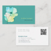 Carte De Visite Fleur Aquarelle tendance, Nom, Code QR, Turquoise (Devant / Derrière)