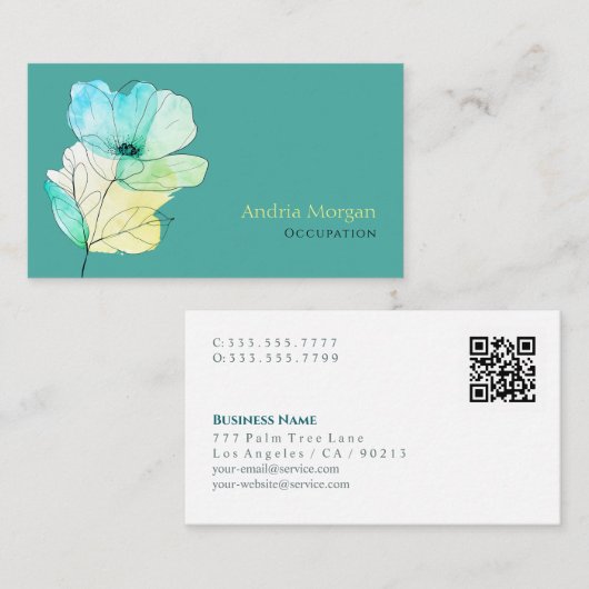 Carte De Visite Fleur Aquarelle tendance, Nom, Code QR, Turquoise (Devant / Derrière)
