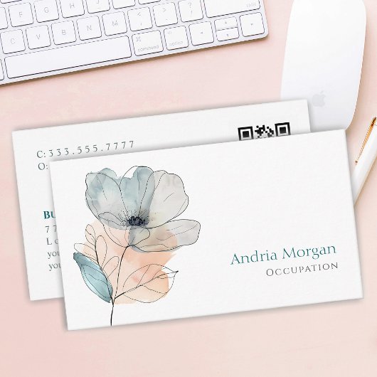 Carte De Visite Fleur Aquarelle tendance, nom et code QR, blanc