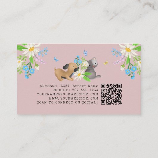 Carte De Visite Fleur Chien & Chat Services de soins pour animaux (Dos)