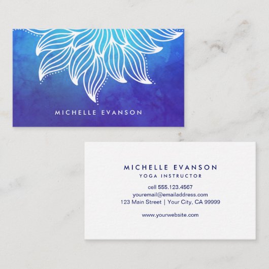 Carte De Visite Fleur d'aquarelle bleue Mandala (Devant / Derrière)